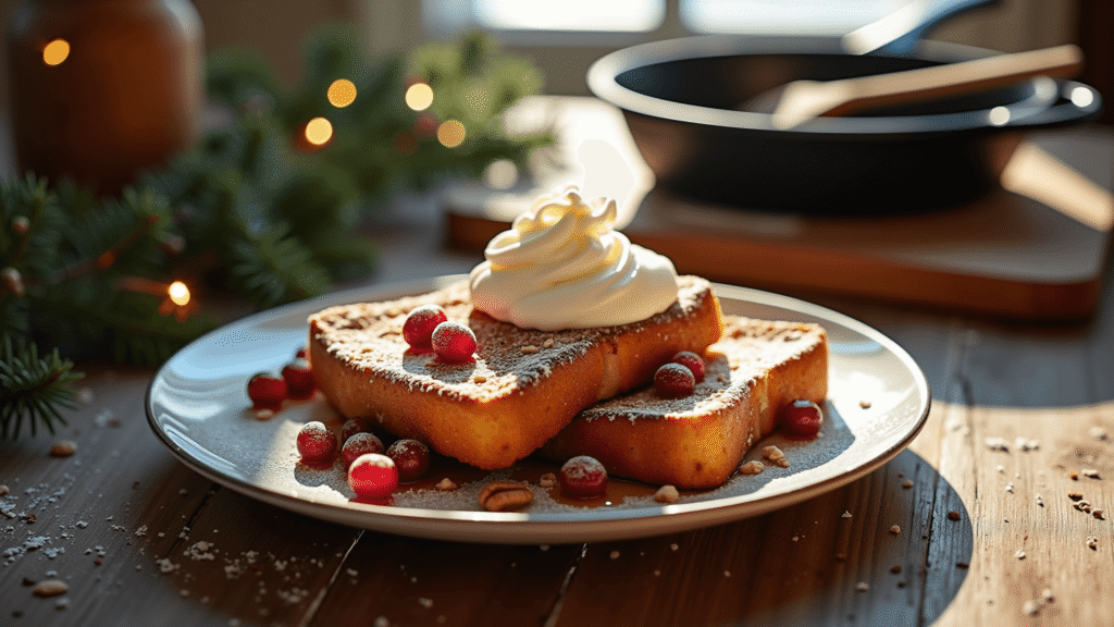 Christmas Morning Magic: 25+ Breakfast Ideas That'll Make You the Holiday Hero Cinematic overhead view of thick-cut brioche eggnog French toast topped with whipped cream, cranberries, and pecans on a rustic wooden table, with warm sunlight highlighting powdered sugar and a cozy kitchen atmosphere.