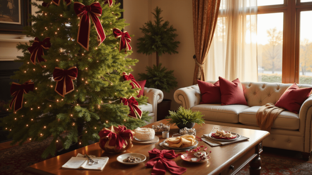 How to Add Bows to Your Christmas Tree Like a Pro Cinematic shot of a warmly lit living room with a 9-foot Fraser fir Christmas tree decorated with burgundy velvet and gold silk bows, a mahogany table with ribbon materials, and a person tying a bow, creating a cozy festive atmosphere.