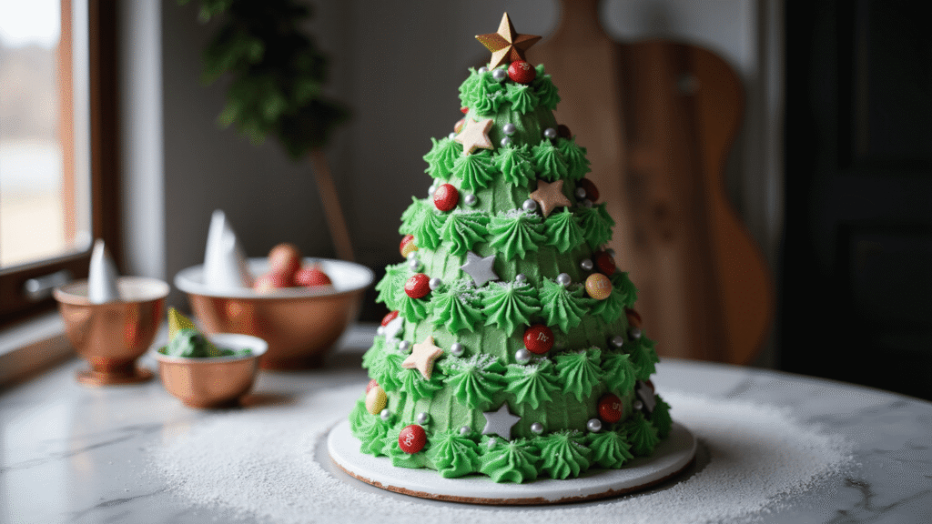 Christmas Tree Cake: The Showstopper That'll Make Everyone Think You Went to Pastry School Cinematic close-up of an elegant Christmas tree cake with rich emerald green buttercream frosting, colorful candy ornaments, and a golden star topper, set on a white marble counter with natural lighting and a warm holiday ambiance.