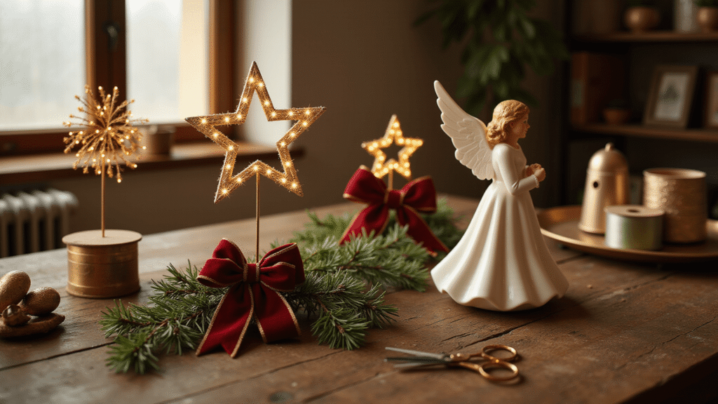 Christmas Tree Toppers: Everything You Need to Crown Your Holiday Masterpiece Cinematic display of Christmas tree toppers on a rustic wooden table featuring a gold wire star, porcelain angel, burgundy velvet ribbon, and berry stems, illuminated by warm golden hour light with a cozy workshop atmosphere.