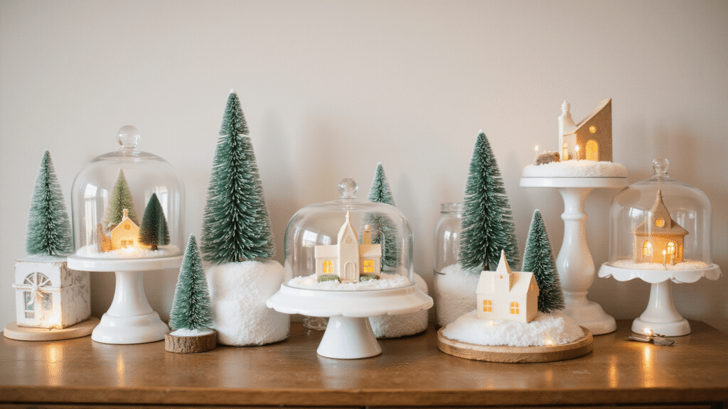 Christmas Village Display Ideas That'll Make Your Neighbors Jealous Cinematic Christmas village display featuring glass apothecary jars, glowing ceramic church, miniature bottle brush trees, Epsom salt snow, and rustic wooden console, creating a cozy holiday atmosphere with warm lighting and soft pastel accents.