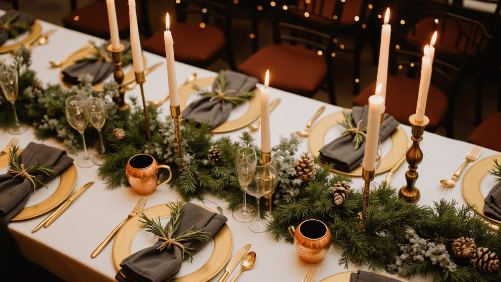Christmas Wedding Reception Ideas That'll Make Your Holiday "I Do" Absolutely Magical Cinematic overhead view of an elegant Christmas wedding reception table adorned with deep burgundy and gold elements, featuring ivory linens, gold-rimmed chargers, muted grey plaid napkins with rosemary sprigs, tall gold candlesticks with flickering candles, and a lush evergreen garland runner, creating a warm and romantic atmosphere with soft-focus string lights and warm amber uplighting.