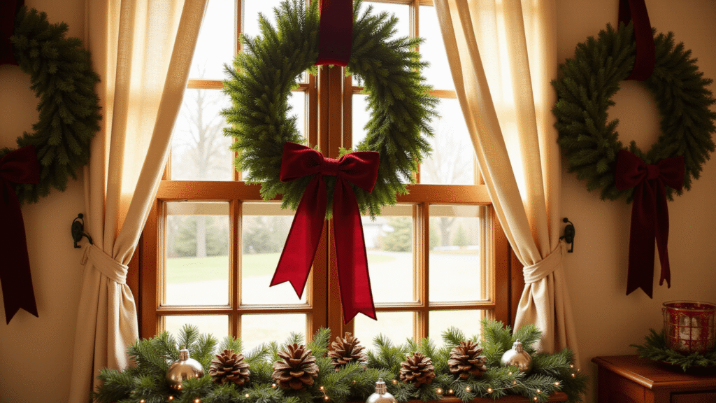 Christmas Window Decor Ideas That'll Make Your Neighbors Stop and Stare A decorated living room window featuring evergreen wreaths with burgundy velvet ribbons, warm sunlight passing through cream curtains, adorned with pinecone and cinnamon stick arrangements, fairy lights on a garland, and oversized silver ornaments, creating a cozy holiday ambiance.