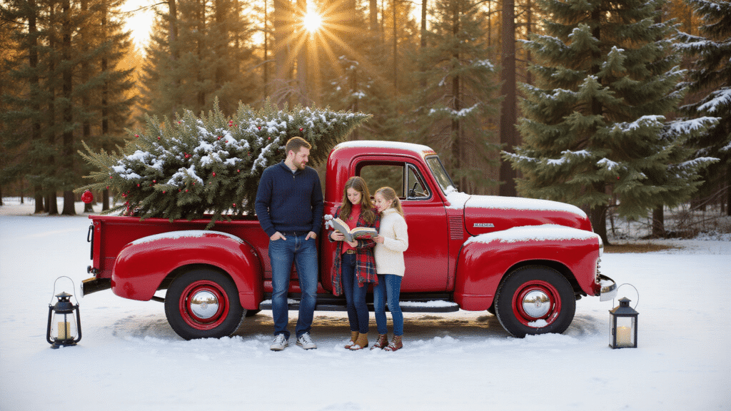Christmas Outdoor Photoshoot Ideas That'll Make Your Holiday Cards Actually Worth Sending A cozy outdoor Christmas family portrait at golden hour, featuring coordinated winter outfits against snow-covered evergreens, a vintage red pickup truck with a Christmas tree, and warm amber sunlight creating a magical atmosphere.