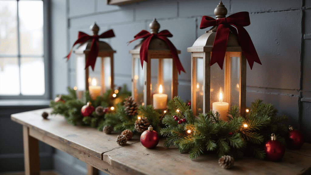 Christmas Lantern Decorating Ideas That Actually Work Cinematic shot of a rustic wooden console table with a glass lantern filled with artificial pine garland, crimson baubles, and warm LED lights, adorned with a burgundy velvet ribbon bow, against a textured gray wall, with soft winter light streaming through the windows.