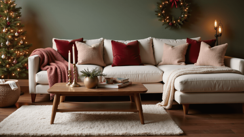 The Living Room That Made My Family Actually Want to Stay Home This Christmas Ultra-detailed cozy Christmas living room with sage green walls and cranberry accents, featuring a modern sectional sofa with chunky knit throws, vintage coffee table with brass candlesticks, a decorated Christmas tree, and warm ambient lighting.