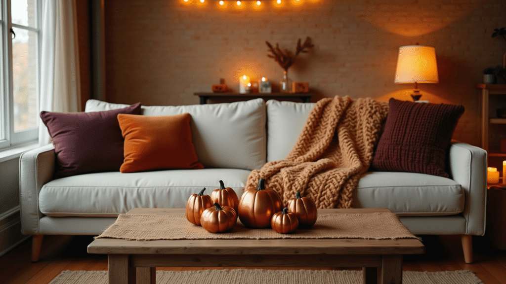 Transforming Your Apartment into a Cozy Fall Haven A cozy fall apartment living room featuring chunky knit throws, metallic pumpkins, and warm lighting, creating an inviting autumn atmosphere.