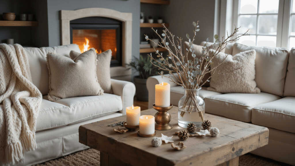 Winter Decorating Ideas That'll Make Your Home Feel Like a Cozy Snow Globe (Without the Christmas Overload) Cozy winter living room with layered cream and taupe textures, featuring a cable knit throw on a linen sofa, faux fur pillows, and a wool rug, complemented by birch branches in a vase on a rustic coffee table, surrounded by pinecones and flickering candles, all illuminated by warm golden hour light.