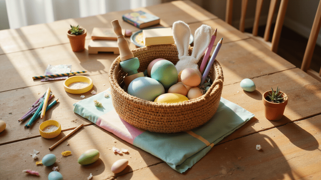 Easter Basket Ideas That'll Make You the Holiday Hero (Without Breaking the Bank) Cinematic overhead shot of a rustic wooden table with an overflowing Easter basket filled with craft supplies, colorful toys, and minimal candy, illuminated by golden hour sunlight through sheer curtains.