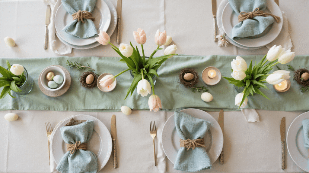 The Easter Table That'll Make Your Guests Actually Want to Linger (No Boring Beige Allowed) Cinematic overhead view of an elegant Easter tablescape featuring layered dinner plates, tulip centerpieces, naturally-dyed eggs, herb garnished napkin rings, and warm candlelight, set on a linen tablecloth in a soft color palette.
