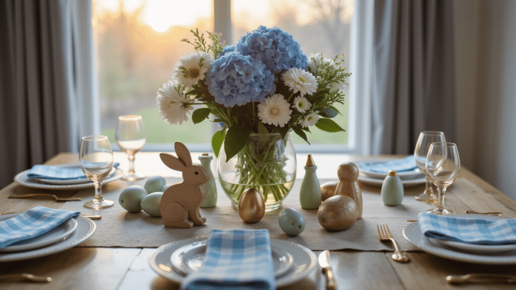 Easter Decor That'll Make Your Home Feel Like Spring Exploded (In the Best Way) Elegant Easter tablescape featuring blue hydrangeas, white daisies, hand-painted wooden eggs, metallic bunny figurines, and pastel checkered napkins on a natural oak table, illuminated by warm spring sunlight.