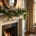 A luxurious Christmas living room with a velvet sofa, elegant mantel decorated with eucalyptus garland and platinum ornaments, ambient lighting highlighting rich textures in a sophisticated color palette of champagne, ivory, and burnished gold.