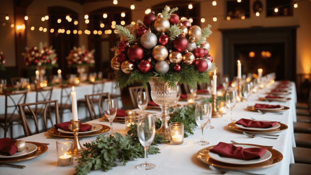 Christmas Wedding Theme Ideas: Your Ultimate Guide to a Festive Celebration Elegant Christmas wedding reception table with burgundy and silver ornament centerpiece in a tall crystal vase, adorned with evergreen sprigs, candles, and warm string lights, set against a soft focus background.