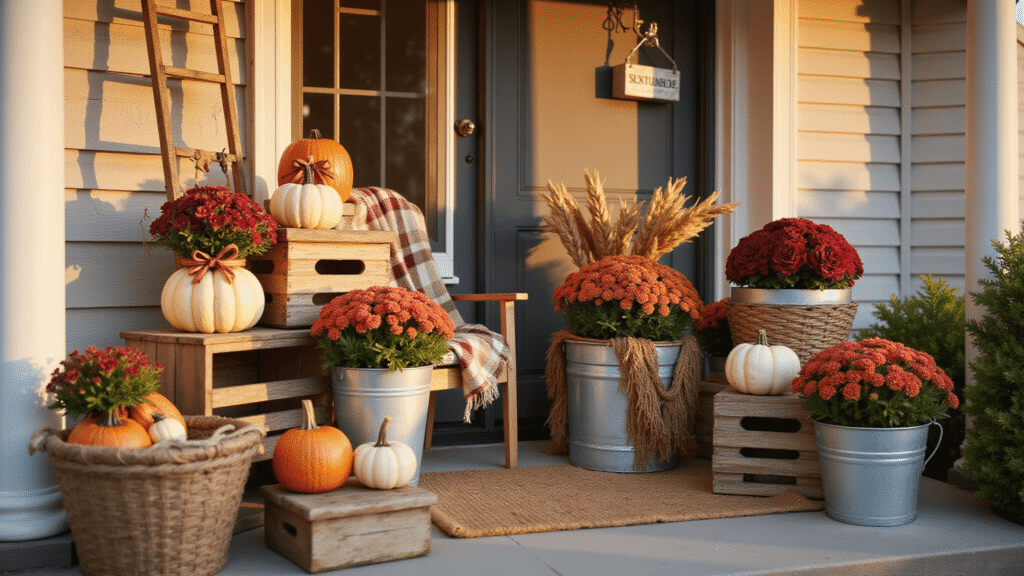 Fall Front Porch Decorating Ideas That Actually Work Cinematic wide-angle view of a cozy fall front porch with painted pumpkins, burgundy mums, and rustic decor, bathed in warm golden hour light.