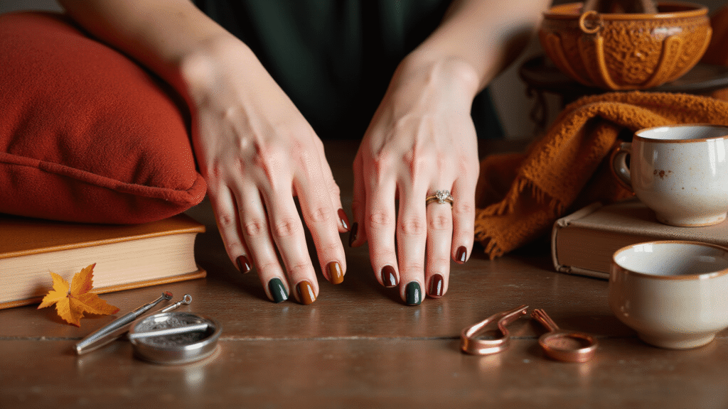 Fall Nail Designs for Short Nails That Actually Look Stunning Cinematic close-up of elegant short nails in rich fall colors, surrounded by cozy autumn elements like velvet cushions and leather-bound books, with nail art tools scattered nearby, all bathed in warm golden hour lighting.