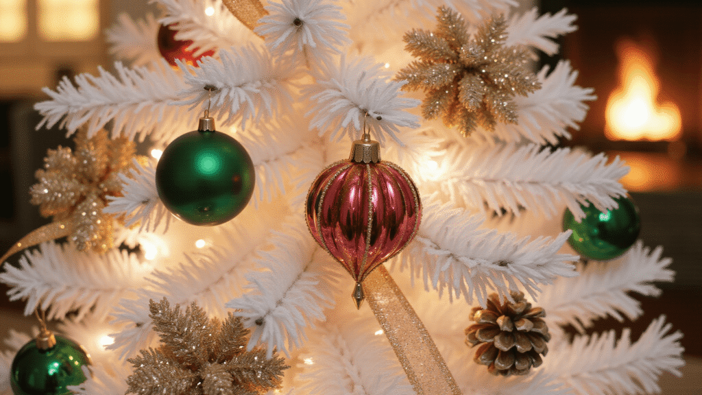 How I Finally Cracked the Code on Decorating My Flocked Christmas Tree (Without Making It Look Like a Wedding Cake Gone Wrong) Cinematic close-up of a flocked Christmas tree decorated with jewel-tone ornaments and warm lighting, set in a cozy living room.