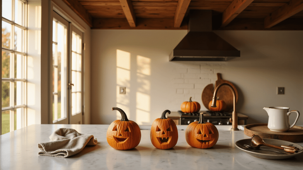 Easy Pumpkin Face Ideas That Actually Look Good (No Artistic Skills Required) A serene farmhouse kitchen during golden hour, featuring three carved pumpkins with geometric faces on a white marble countertop, accented by vintage copper carving tools and soft linen tea towels in autumn colors, all bathed in warm natural light and rustic charm.