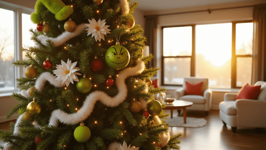 How to Create a Show-Stopping Grinch Christmas Tree That'll Make Your Heart Grow Three Sizes Cinematic medium shot of a whimsical Grinch Christmas tree adorned with lime green ornaments, cherry red accents, and white ribbon, featuring warm lighting and rich textures in a contemporary living room.