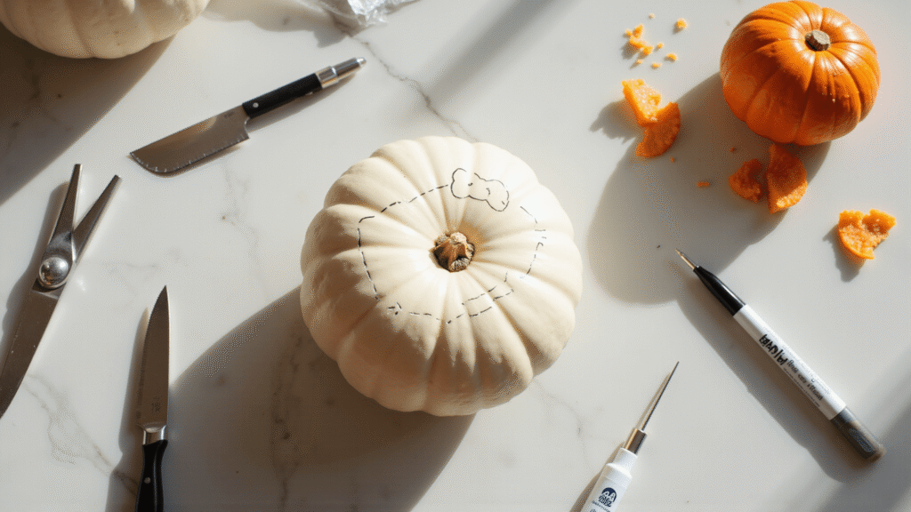 Hello Kitty Pumpkin Carving: Your Complete Guide to Creating the Cutest Jack-O'-Lantern Cinematic overhead shot of a white pumpkin on a marble countertop, surrounded by metallic carving tools and a Hello Kitty stencil, with warm natural light and soft shadows creating a cozy crafting atmosphere.