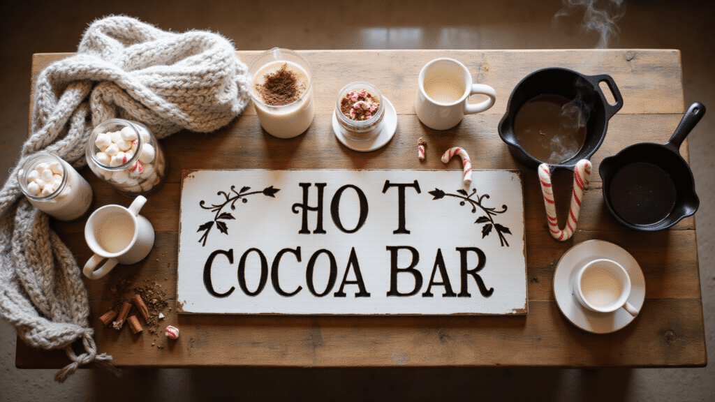 Hot Cocoa Bar Signs: Everything You Need to Create the Perfect Winter Setup Cinematic overhead view of a rustic kitchen island with a "Hot Cocoa Bar" sign, mason jars of marshmallows and candy canes, a steaming pot of chocolate, cream mugs, and cozy throws, bathed in golden hour sunlight.