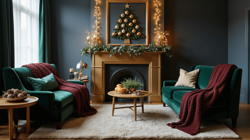 Christmas Decor Ideas for 2024: The Trends That Defined the Season Luxurious living room adorned for Christmas with emerald velvet armchairs, gold metallic string lights, eucalyptus garlands, and warm golden hour lighting enhancing rich textures and cozy decor.