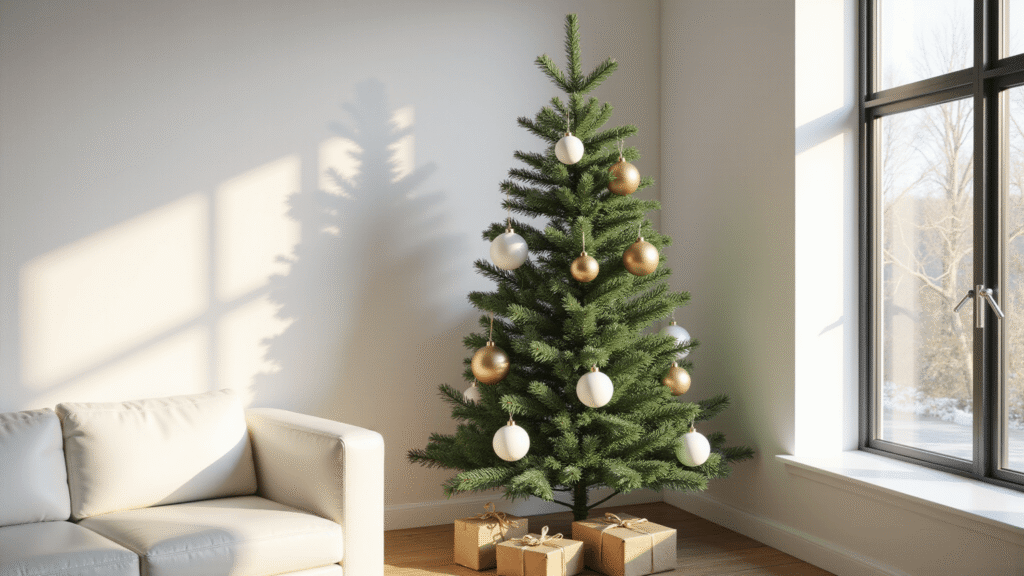 Christmas Tree Decoration Ideas That'll Make Your Tree Actually Look Intentional (Not Like You Threw Ornaments at It) Ultra-detailed minimalist Christmas tree with gold and white ornaments in a contemporary living room, featuring natural light, kraft paper wrapped presents, and a white leather sofa.