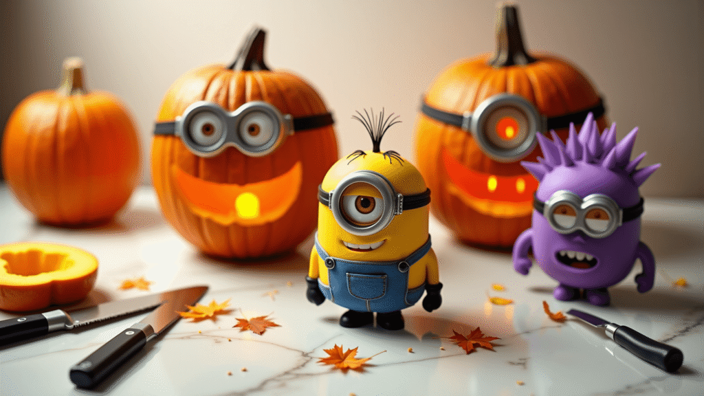 Why Your Minion Pumpkin Carving Might Look Like a Failed Science Experiment (And How to Fix That) Cinematic close-up of intricately carved minion pumpkins on a white marble surface, featuring one single-eye Bob and one two-eye Dave, alongside a purple evil minion. Professional carving tools are scattered nearby, with fresh pumpkin flesh and seeds visible, warm golden lighting casting soft shadows, and battery LED lights glowing from inside, enhanced by autumn leaves for a cozy atmosphere.
