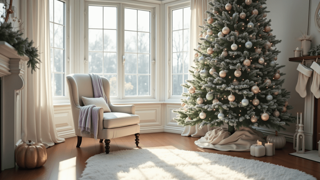 Pastel Christmas Decor: Your Guide to Creating a Dreamy Holiday Wonderland Ultra-wide shot of an enchanting living room decorated for Christmas, featuring a Fraser Fir tree with mint green, blush pink, and lavender ornaments, a cream velvet armchair, pastel stockings, and soft winter light filtering through bay windows.