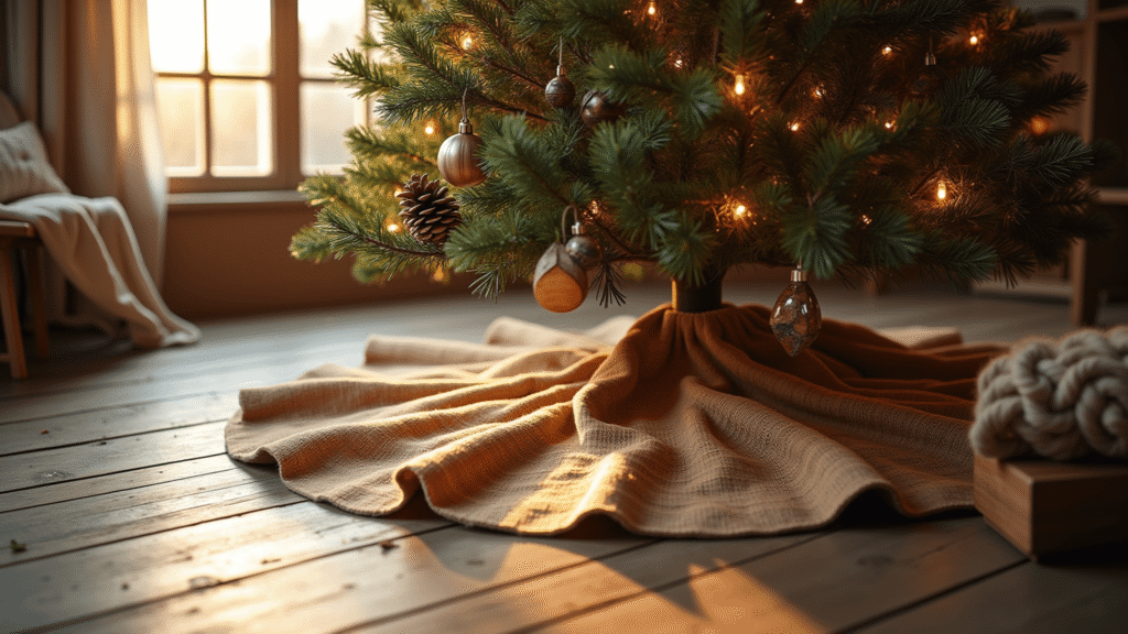 Rustic Christmas Tree Skirts: The Cozy Foundation Your Holiday Tree Deserves Warm farmhouse living room during golden hour with a beautifully decorated Christmas tree, textured burlap tree skirt, vintage wooden ornaments, and rustic wooden furniture, creating an inviting cozy atmosphere.