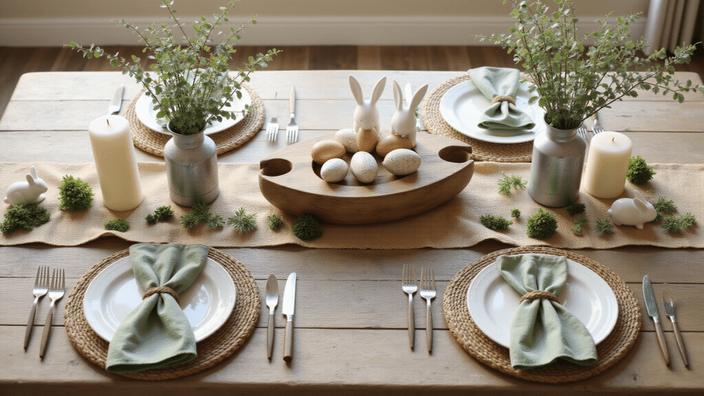 Easter Tablescapes That'll Make Your Guests Say "Holy Eggs, This Is Beautiful!" Cinematic overhead view of a rustic Easter tablescape featuring a weathered wooden table adorned with a burlap runner, speckled ceramic eggs in a wooden bowl, white bunny figurines, eucalyptus branches, and soft linen napkins, all illuminated by warm golden hour sunlight.