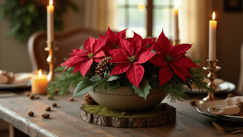 Poinsettia Centerpiece Ideas That'll Make Your Holiday Table Actually Worth Looking At A rustic holiday dining table featuring a large ceramic bowl overflowing with vibrant red poinsettias, scattered pinecones, and fresh evergreens, all illuminated by warm golden hour lighting.