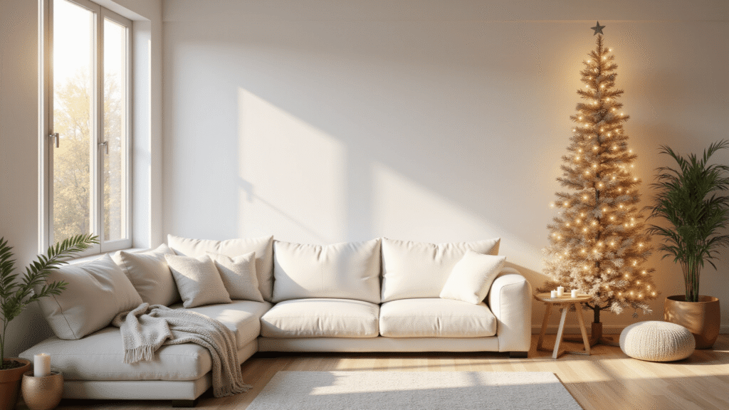 Alternative Christmas Trees: 45+ Creative Ideas That'll Make You Ditch the Traditional Fir Ultra-detailed photorealistic Scandinavian minimalist living room with a geometric wooden dowel Christmas tree adorned with warm white fairy lights, featuring a sleek white leather sectional, golden afternoon light filtering through floor-to-ceiling windows, clean white walls, light oak floors, cozy throw blankets, and a warm color palette, evoking a serene hygge atmosphere.