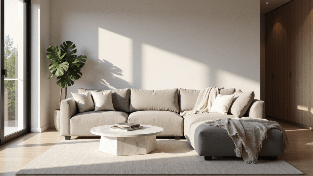 You Haven't Provided the Article Outline Cinematic wide-angle shot of a sunlit Scandinavian minimalist living room with dove gray sectional sofa, geometric white marble coffee table, and lush monstera plant, highlighting serene ambiance and cozy textures.