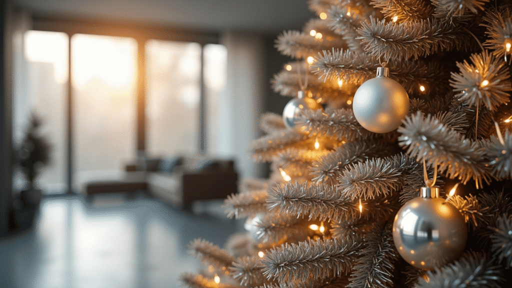 Silver Christmas Trees: Your Guide to Creating Show-Stopping Holiday Magic Photorealistic silver Christmas tree adorned with metallic ornaments in a modern minimalist living room, featuring warm soft lighting, polished concrete floors, and floor-to-ceiling windows, creating a cozy holiday ambiance.