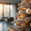 Photorealistic silver Christmas tree adorned with metallic ornaments in a modern minimalist living room, featuring warm soft lighting, polished concrete floors, and floor-to-ceiling windows, creating a cozy holiday ambiance.