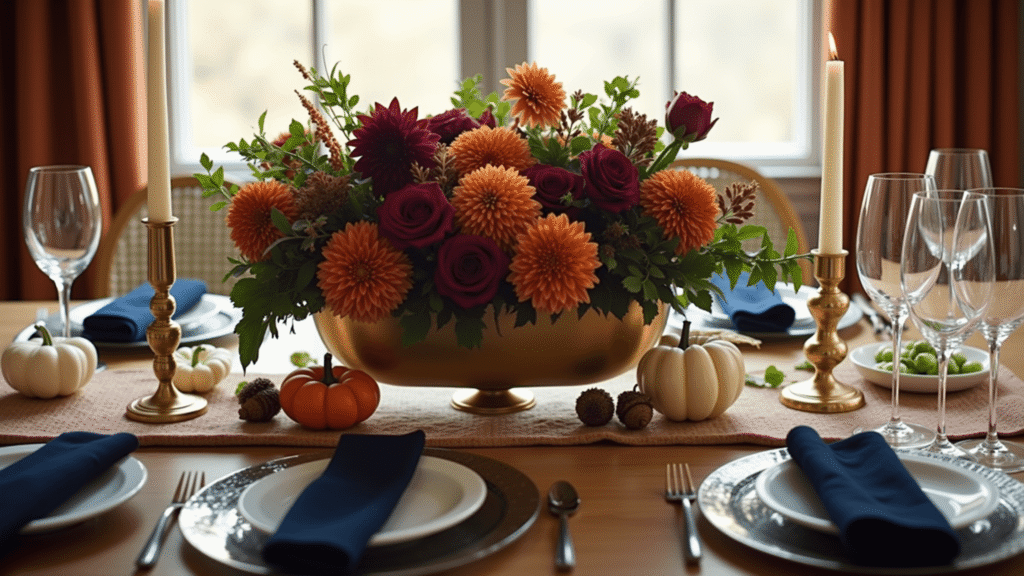 Elegant Thanksgiving Table Centerpieces That'll Make Your Guests Forget About the Turkey Elegant Thanksgiving centerpiece with burgundy roses, burnt orange dahlias, plum chrysanthemums, and emerald eucalyptus in a brass vessel, surrounded by mixed metallic candlesticks, white pumpkins, and gold-painted acorns, set on a rustic wooden dough bowl with navy velvet napkins and crystal wine glasses, illuminated by warm golden hour light.