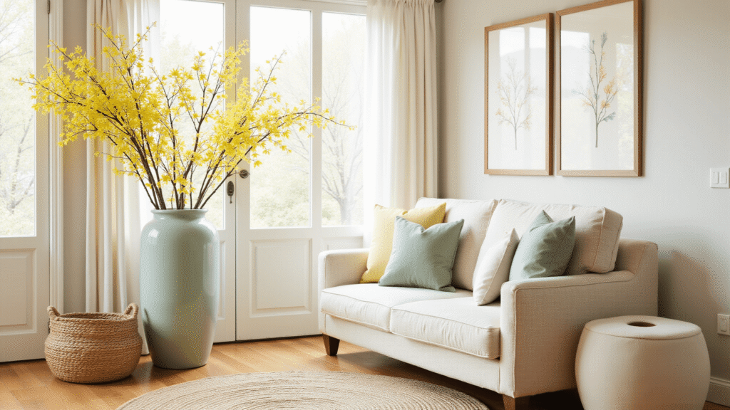Spring Decor Ideas That'll Make Your Home Feel Like a Garden Party (Without the Bugs) Sunlit living room featuring a textured white linen sofa with sage and buttercup yellow throw pillows, a tall ceramic vase with golden forsythia branches, and warm hardwood floors, all illuminated by soft morning light.