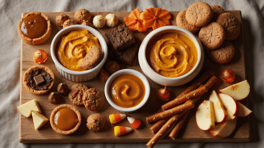 Your Ultimate Guide to Creating a Show-Stopping Thanksgiving Dessert Charcuterie Board Cinematic overhead shot of a Thanksgiving dessert charcuterie board featuring pumpkin dips, gingersnap cookies, mini tarts, and fresh figs on a rustic wood surface, illuminated by soft golden hour lighting.