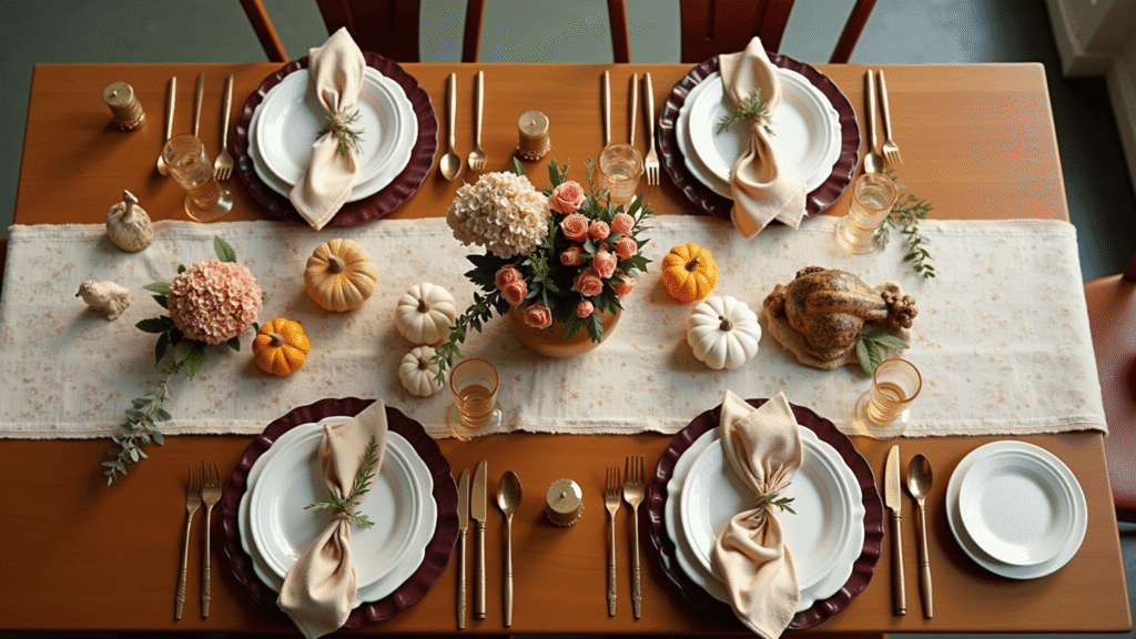 Thanksgiving Table Settings That Actually Make Your Guests Say "Wow" Cinematic overhead view of an elegant Thanksgiving table setting featuring a cream linen tablecloth, deep wine charger plates, mustard napkins, scattered mini pumpkins, and a low bronze vase with hydrangeas and roses, all illuminated by warm candlelight.