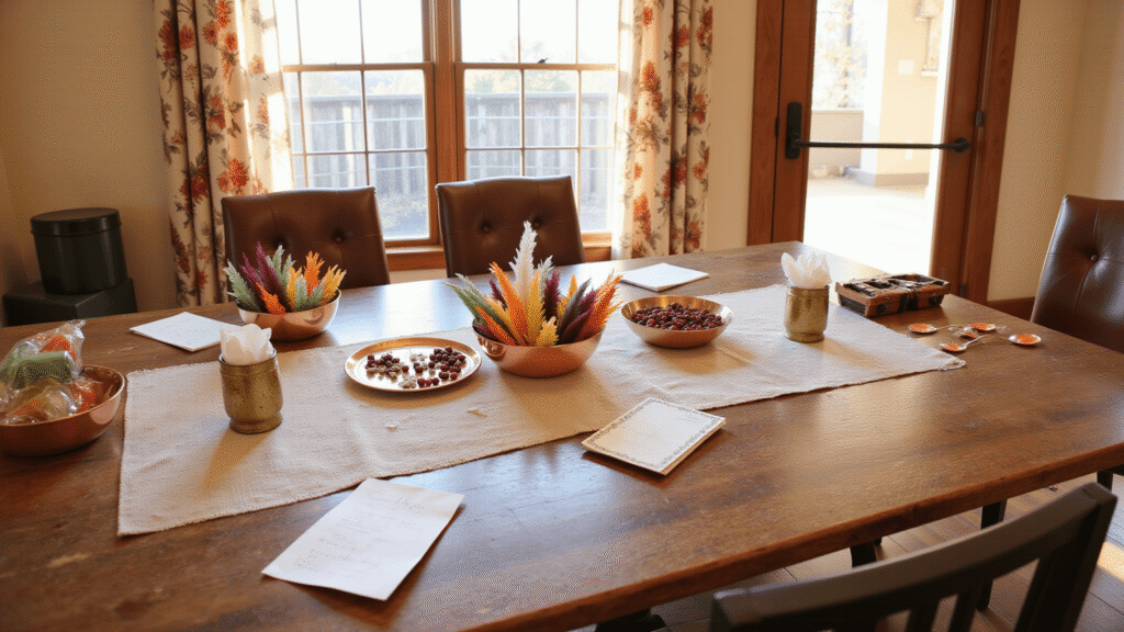 The Ultimate Guide to Thanksgiving Party Games That'll Save Your Gathering From Awkward Silence A warm farmhouse dining room set for Thanksgiving game night, featuring a large reclaimed wood table with colorful craft feathers, party balloons, fresh cranberries, scorecards, and tissue boxes, illuminated by soft golden hour light streaming through botanical print curtains.