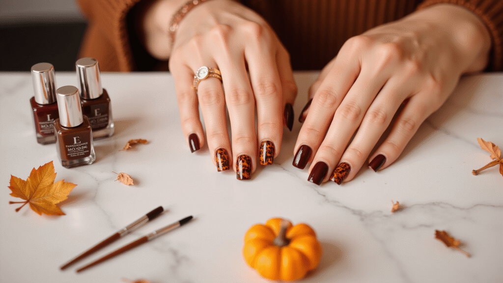 Thanksgiving Nail Art Ideas That'll Make Your Manicure the Star of the Dinner Table Cinematic close-up of elegant hands showcasing Thanksgiving nail art in burnt orange, burgundy, and chocolate brown, featuring tortoiseshell patterns, plaid designs, and metallic gold accents with a warm autumn backdrop of mini pumpkins and dried leaves.