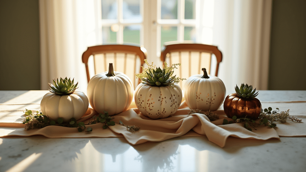 How to Decorate Pumpkins for Thanksgiving: Creative Ideas Beyond Carving Elegant Thanksgiving tablescape featuring decorated pumpkins, golden hour lighting, marble table, and rich textures of velvet and dried flowers.
