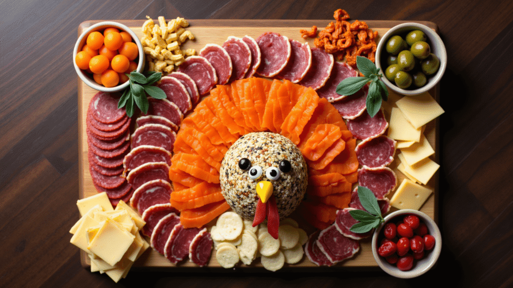 The Thanksgiving Turkey Charcuterie Board That'll Make You the Holiday Hero Thanksgiving turkey-shaped charcuterie board featuring a cheese ball with candy eyeballs, surrounded by honey ham feathers, pepperoni slices, cheddar cheese squares, salami rounds, and pretzel crackers, all set on a dark walnut wood surface with fresh sage, olives, apricots, and cornichons, illuminated by warm golden hour light.