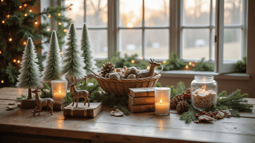 Whimsical Christmas Decor: My Guide to Creating Playful Holiday Magic A rustic wooden table adorned with vintage feather Christmas trees, antique brass deer figurines, and clear glass ornaments filled with vintage sheet music, all illuminated by warm amber candlelight and soft golden hour sunlight, creating a cozy holiday atmosphere.