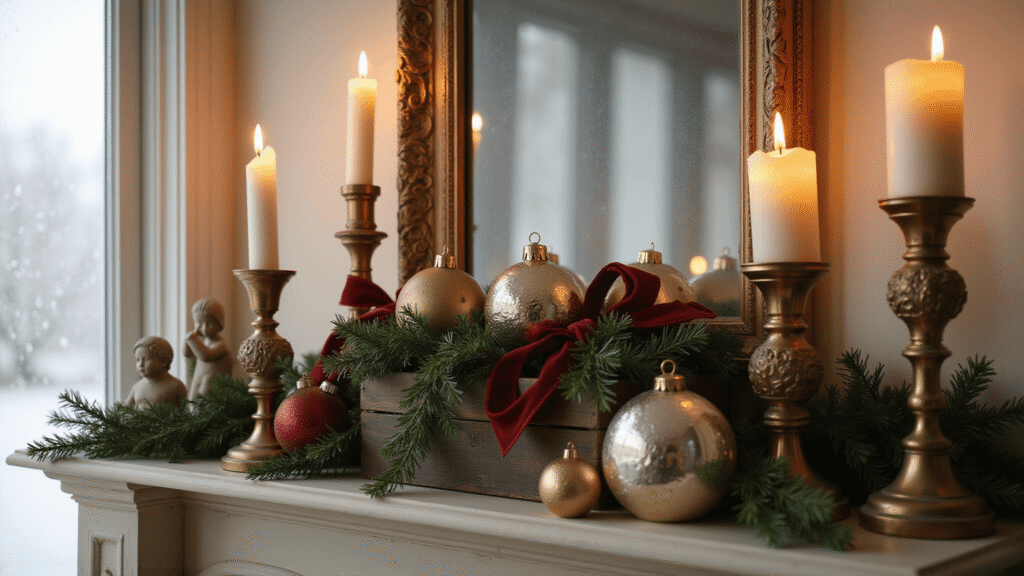 Your Guide to Creating Stunning Vintage Christmas Decor That Actually Looks Expensive Elegant vintage Christmas mantelpiece adorned with mercury glass ornaments, antique brass candlesticks, and deep burgundy velvet ribbon, illuminated by soft afternoon light streaming through a frost-covered window.