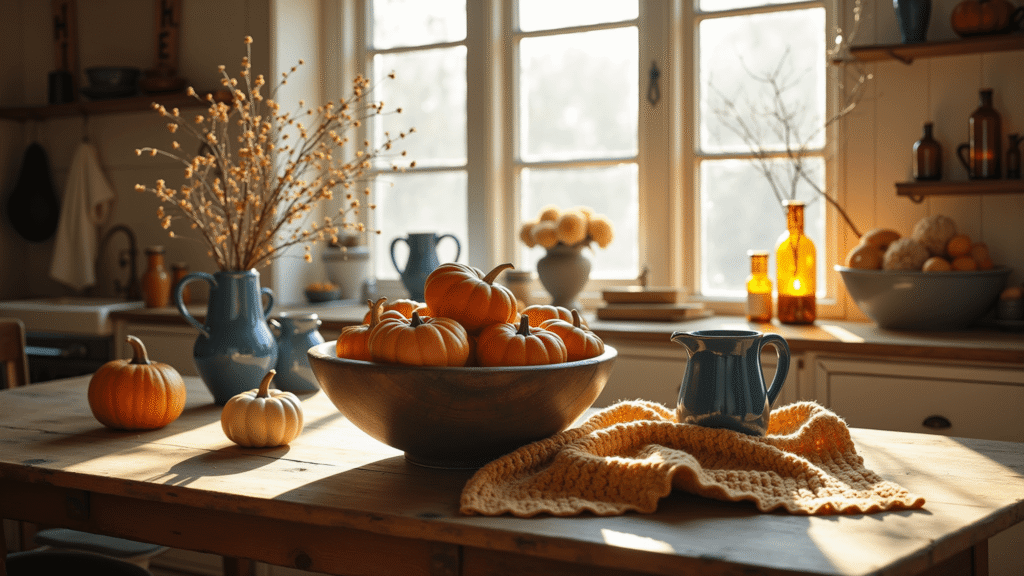 The Vintage Fall Decor That'll Make Your Home Feel Like a Cozy Time Machine A warmly lit farmhouse kitchen with a weathered wooden dough bowl filled with heirloom pumpkins in rust, cream, and deep orange tones on a distressed oak table, surrounded by vintage decor and autumn elements.