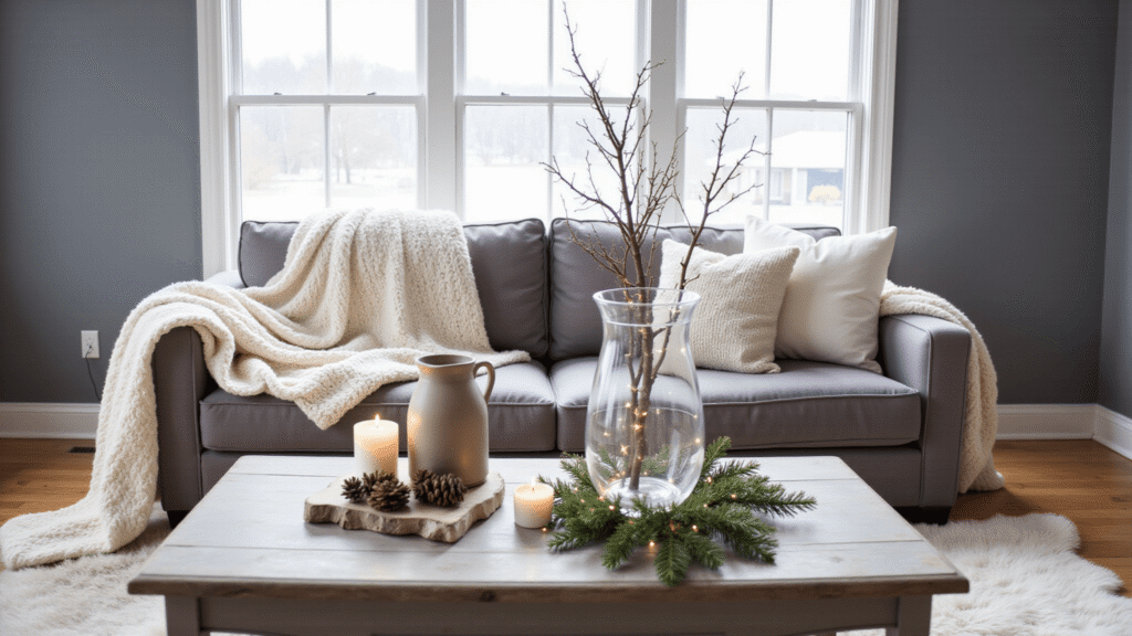 How I Transform My Home for Winter (Without a Single Christmas Ornament in Sight) Cinematic wide shot of an elegant winter living room featuring soft natural lighting, a taupe linen sofa with chunky cream knit throws, a weathered wood coffee table adorned with pinecones, birch branches in a glass vase, flickering white candles, a slate gray accent wall, a sheepskin rug, warm white fairy lights in evergreen, and cozy textural layers in whites and grays, creating an inviting winter sanctuary atmosphere.