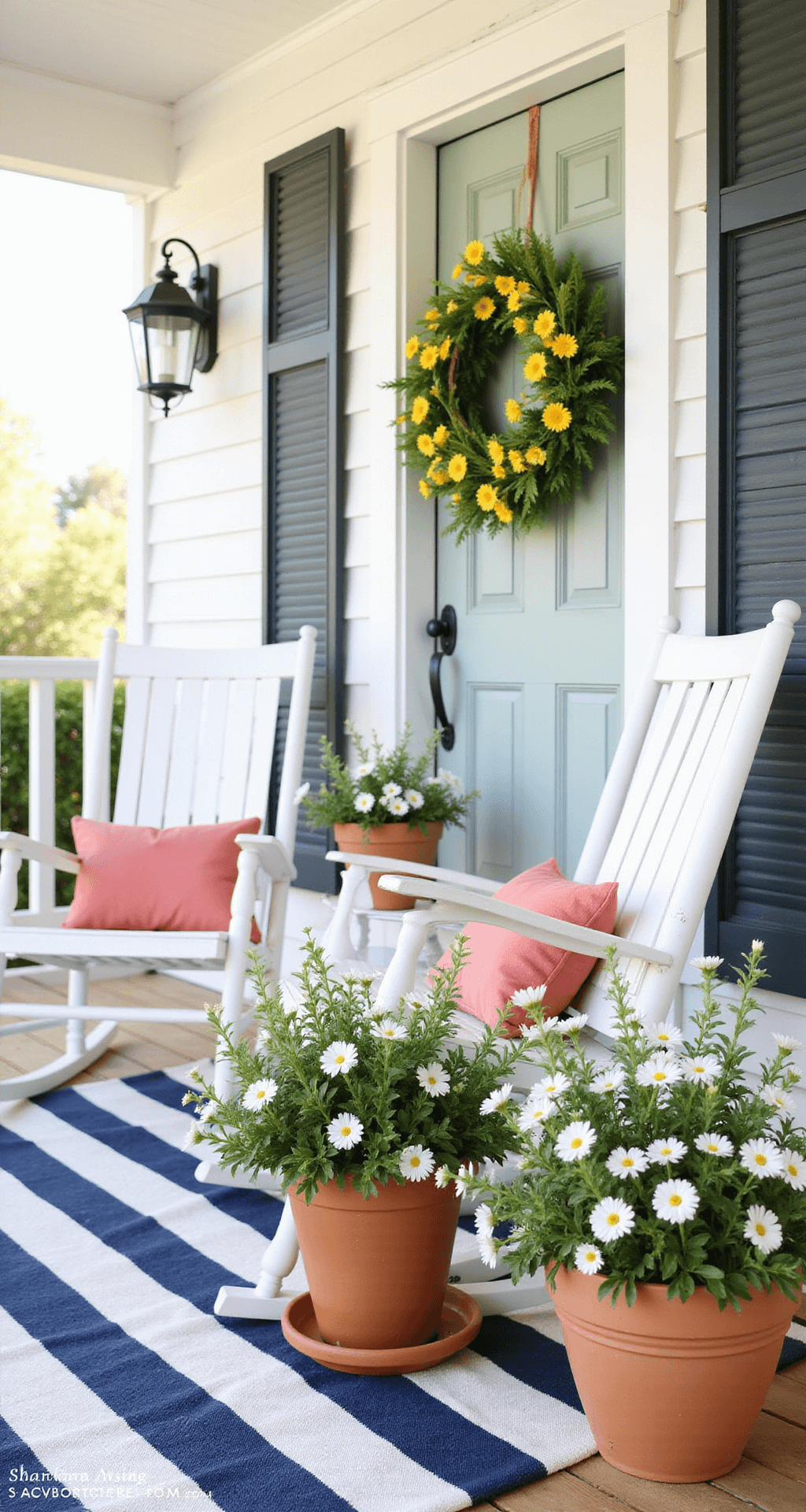 Spring Porch Decor: Fresh Ideas to Wake Up Your Front Entry After Winter A bright spring porch in soft morning light, featuring large white rocking chairs with coral pink throw pillows on a navy and white striped jute rug. An oversized spring wreath of yellow and white wildflowers hangs on a sage green front door, with terracotta planters of white petunias and trailing ivy arranged asymmetrically. The warm wooden floorboards show subtle weathering, captured from a slightly elevated angle with a soft focus on foreground elements.