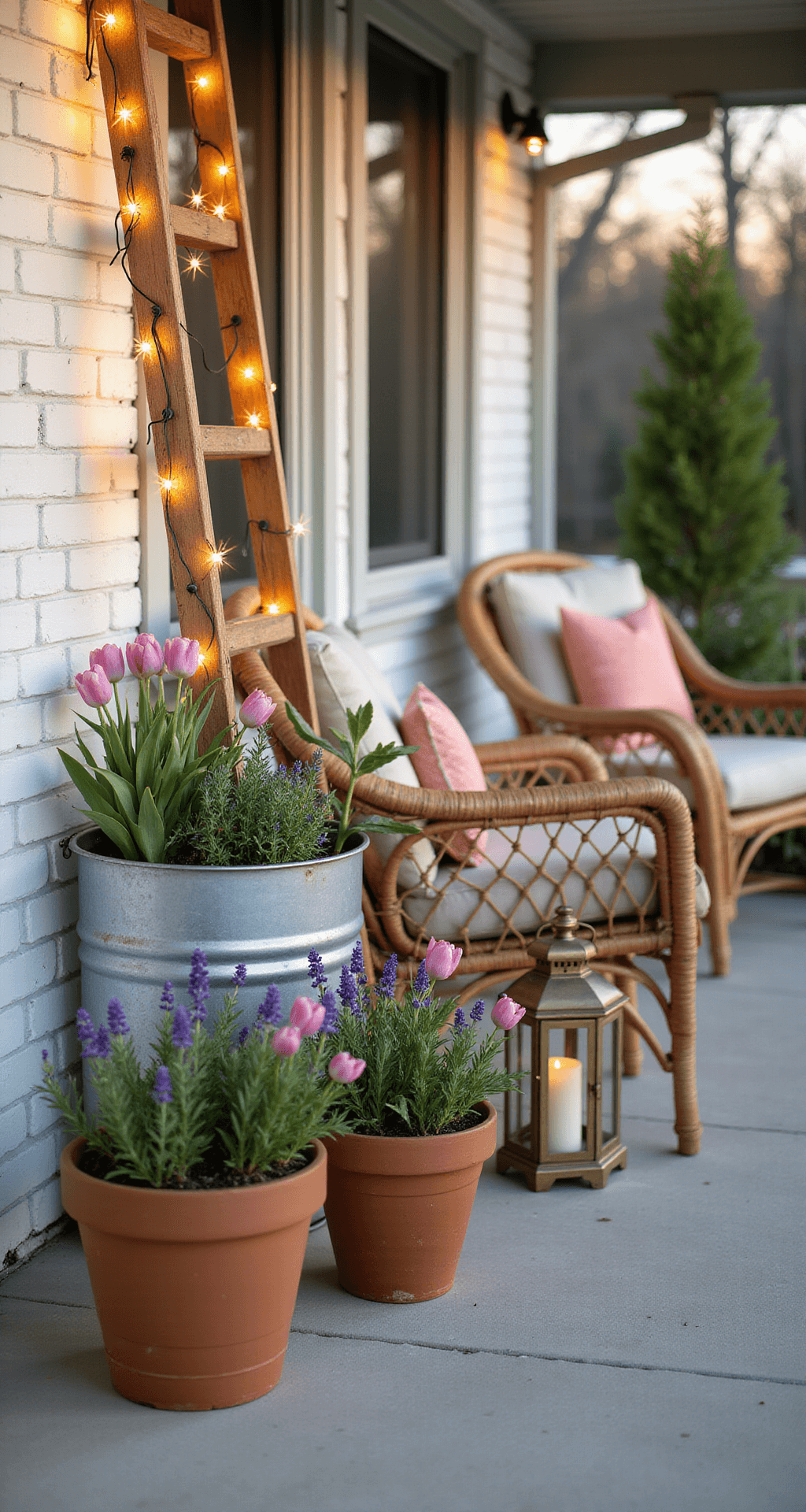 Spring Porch Decor: Fresh Ideas to Wake Up Your Front Entry After Winter A warm golden hour sunset scene on a spring porch featuring galvanized metal and terracotta planters with lavender, rosemary, and soft pink tulips near a whitewashed brick wall. A vintage wooden ladder draped with string lights adds an ambient glow, while aged brass lanterns with LED candles sit on a side table between weathered rattan chairs. Soft sage green and coral accents complement the layered textures and organic styling of the inviting space.