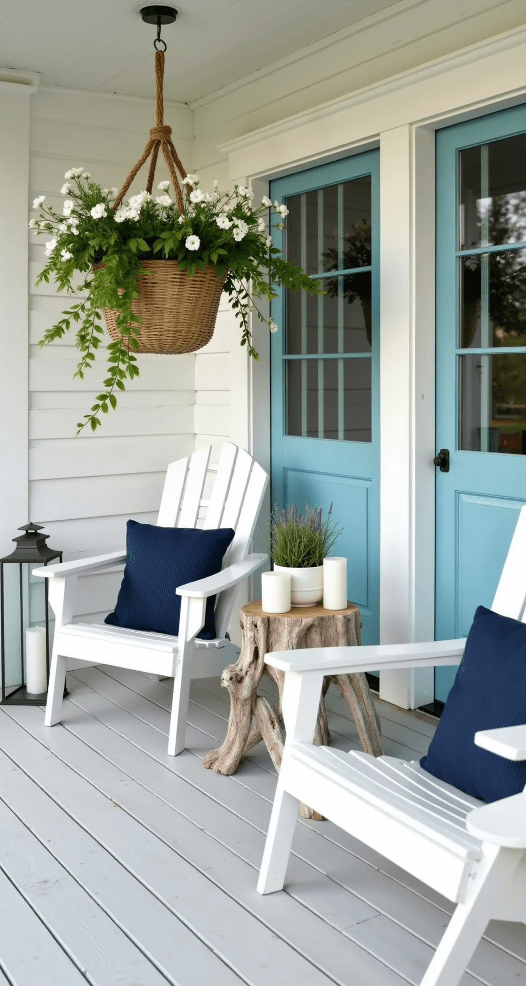Spring Porch Decor: Fresh Ideas to Wake Up Your Front Entry After Winter A coastal-inspired spring porch featuring a pale blue front door, a whitewashed wooden floor, large glass lanterns with white candles, and an oversized woven hanging basket with trailing ferns and white geraniums. A driftwood side table holds ceramic pots of lavender and rosemary, accompanied by two white Adirondack chairs adorned with navy throw pillows, all bathed in soft morning light that casts gentle shadows.